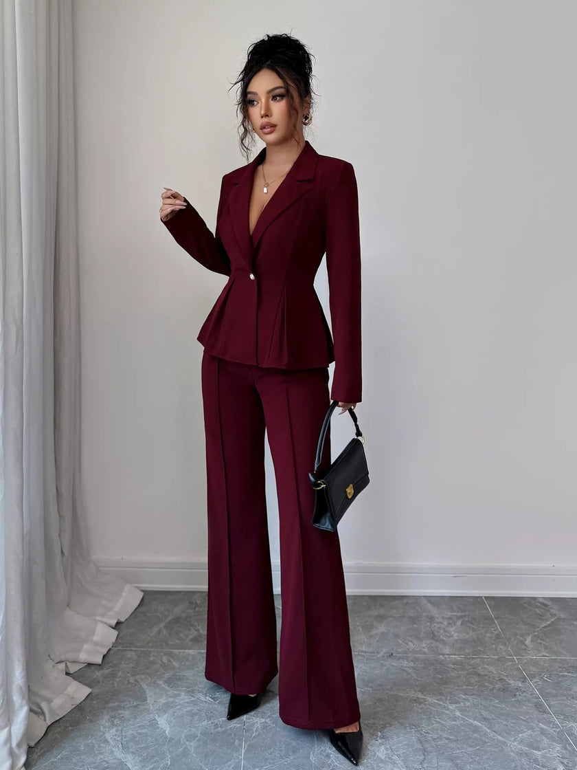 Peplum Blazer & Wide Leg Pants Set - FLORENTINE IRIS