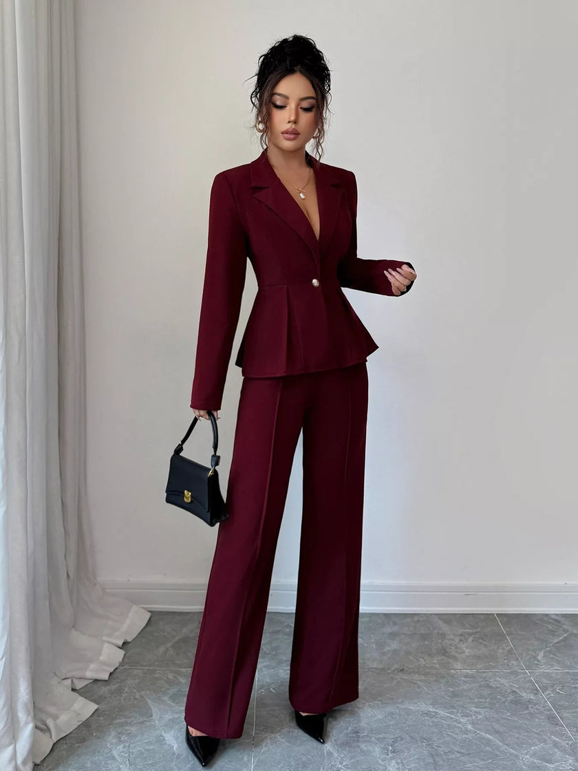 Peplum Blazer & Wide Leg Pants Set - FLORENTINE IRIS