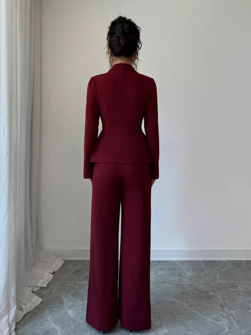 Peplum Blazer & Wide Leg Pants Set - FLORENTINE IRIS