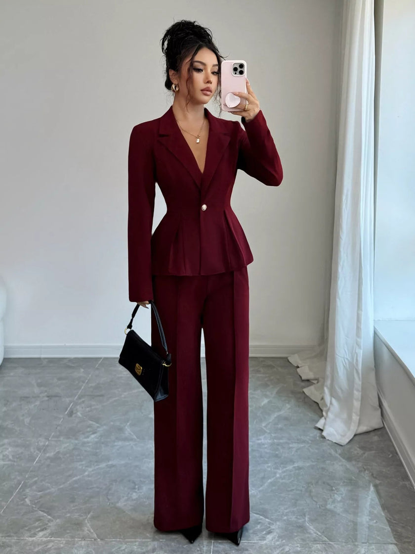 Peplum Blazer & Wide Leg Pants Set - FLORENTINE IRIS