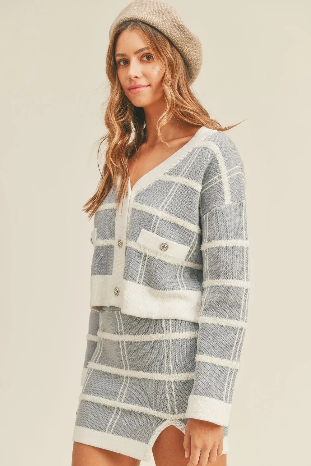 Plaid Button Down Sweater Cardigan and Mini Skirt Set - FLORENTINE IRIS