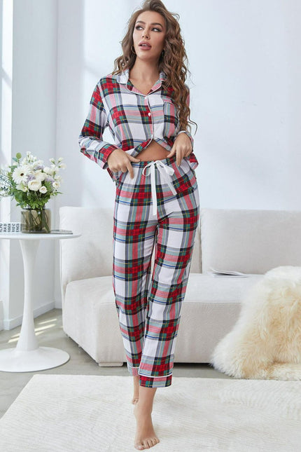 Plaid Button Front Top and Pants Lounge Set - FLORENTINE IRIS