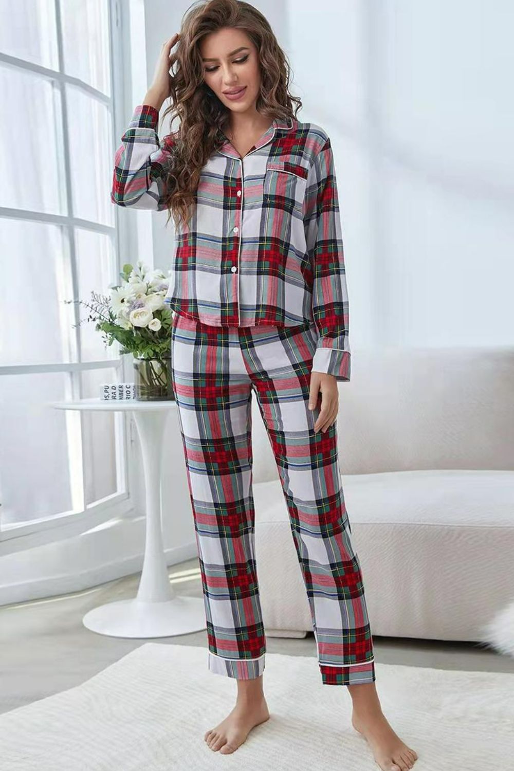 Plaid Button Front Top and Pants Lounge Set - FLORENTINE IRIS