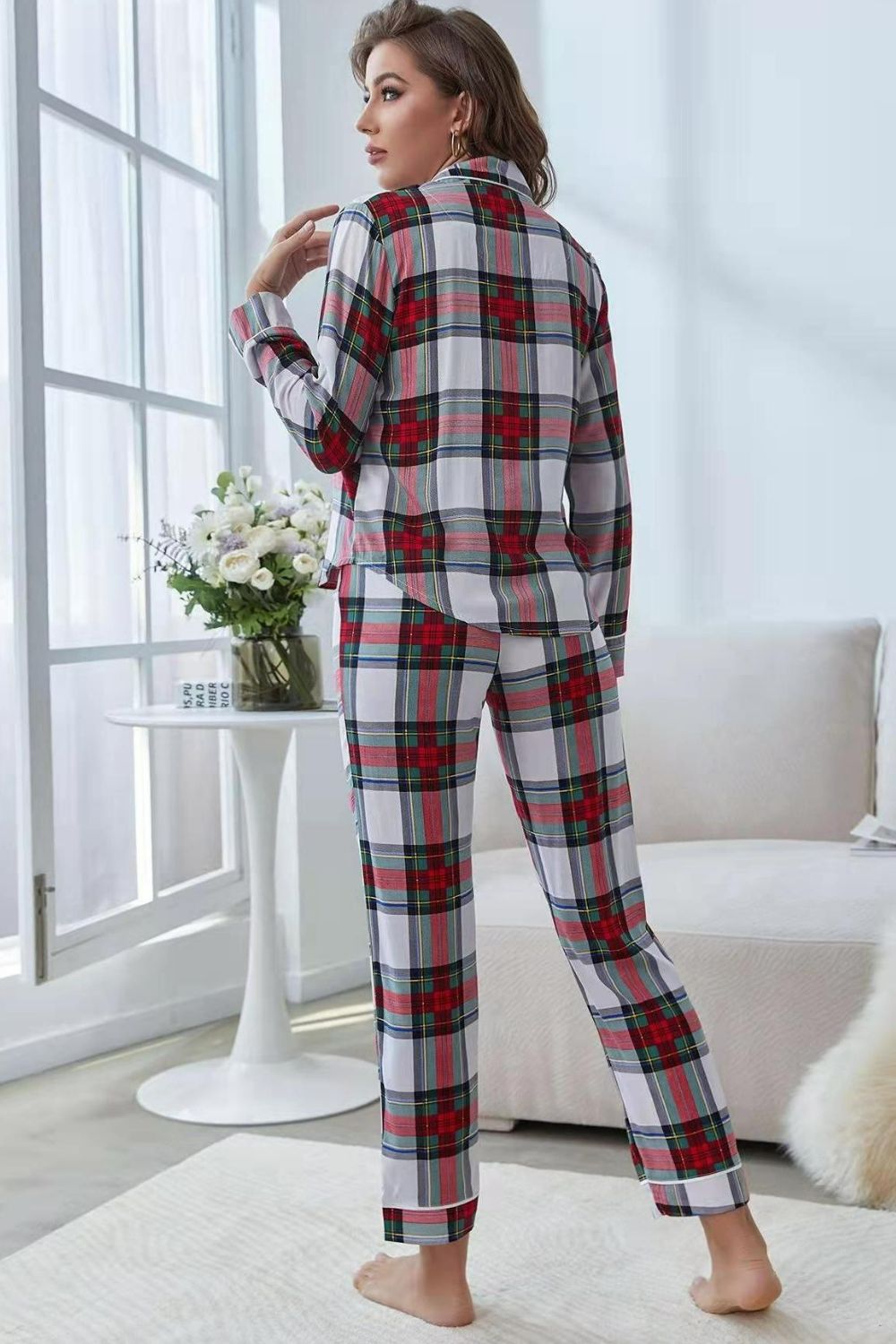 Plaid Button Front Top and Pants Lounge Set - FLORENTINE IRIS