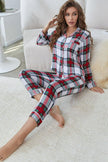 Plaid Button Front Top and Pants Lounge Set - FLORENTINE IRIS