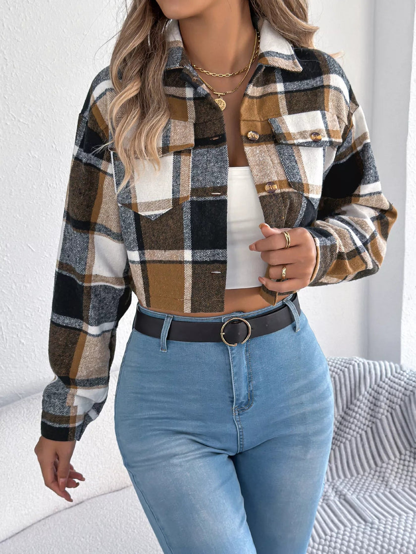 Plaid Button Up Cropped Jacket - FLORENTINE IRIS
