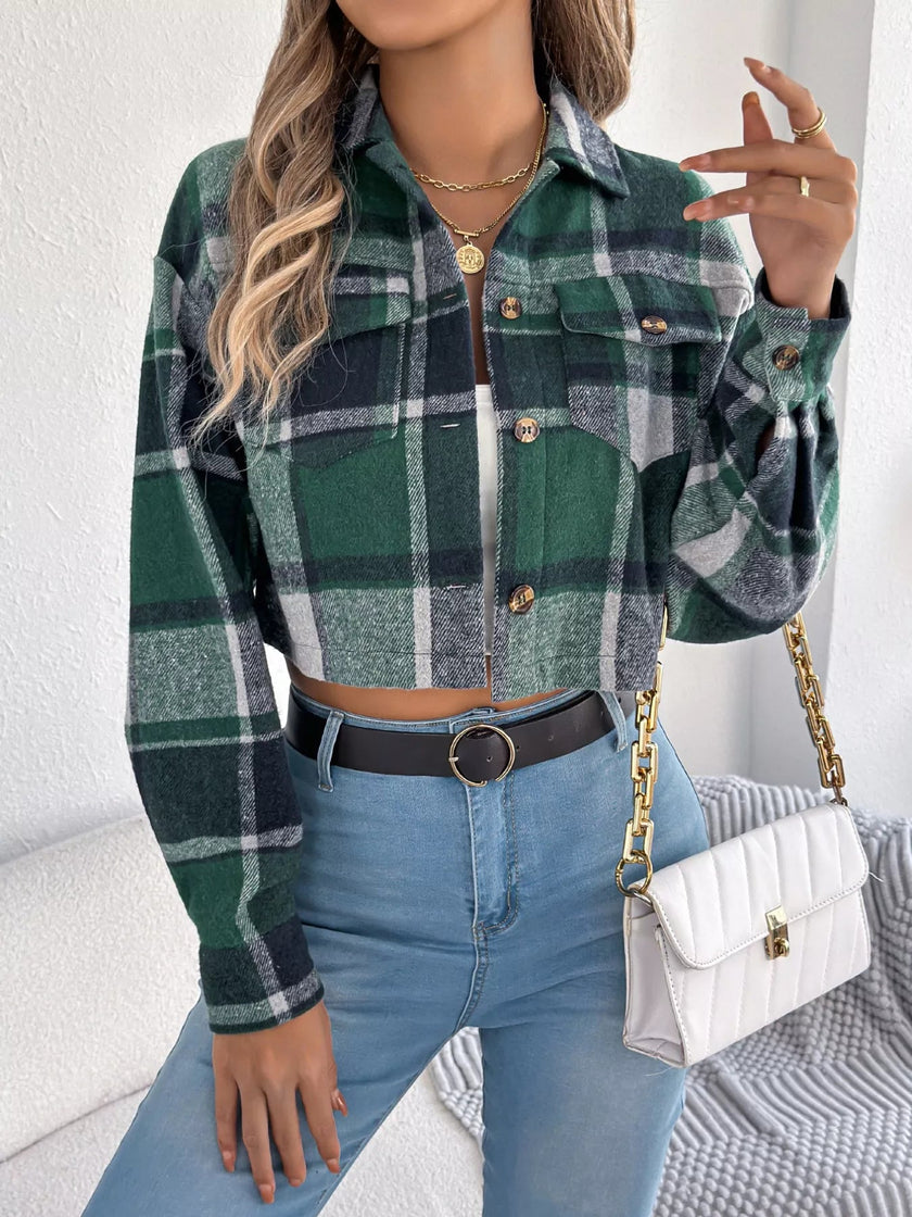 Plaid Button Up Cropped Jacket - FLORENTINE IRIS