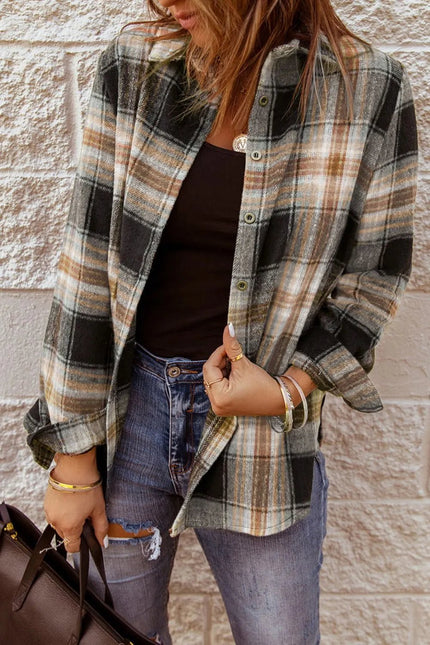 Plaid Collared Neck Button Up Long Sleeve Shirt - FLORENTINE IRIS