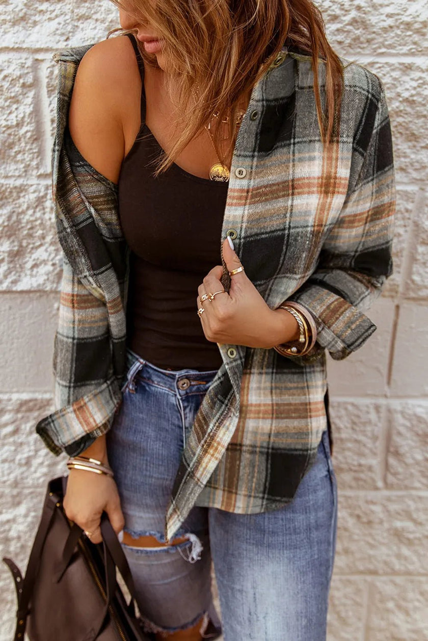 Plaid Collared Neck Button Up Long Sleeve Shirt - FLORENTINE IRIS