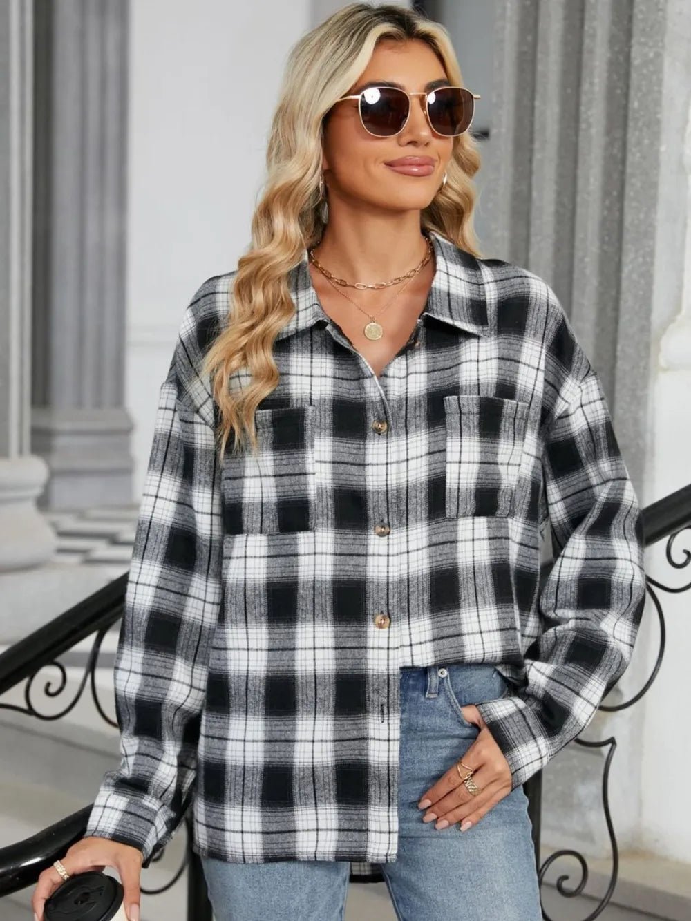 Plaid Collared Neck Long Sleeve Shirt - FLORENTINE IRIS