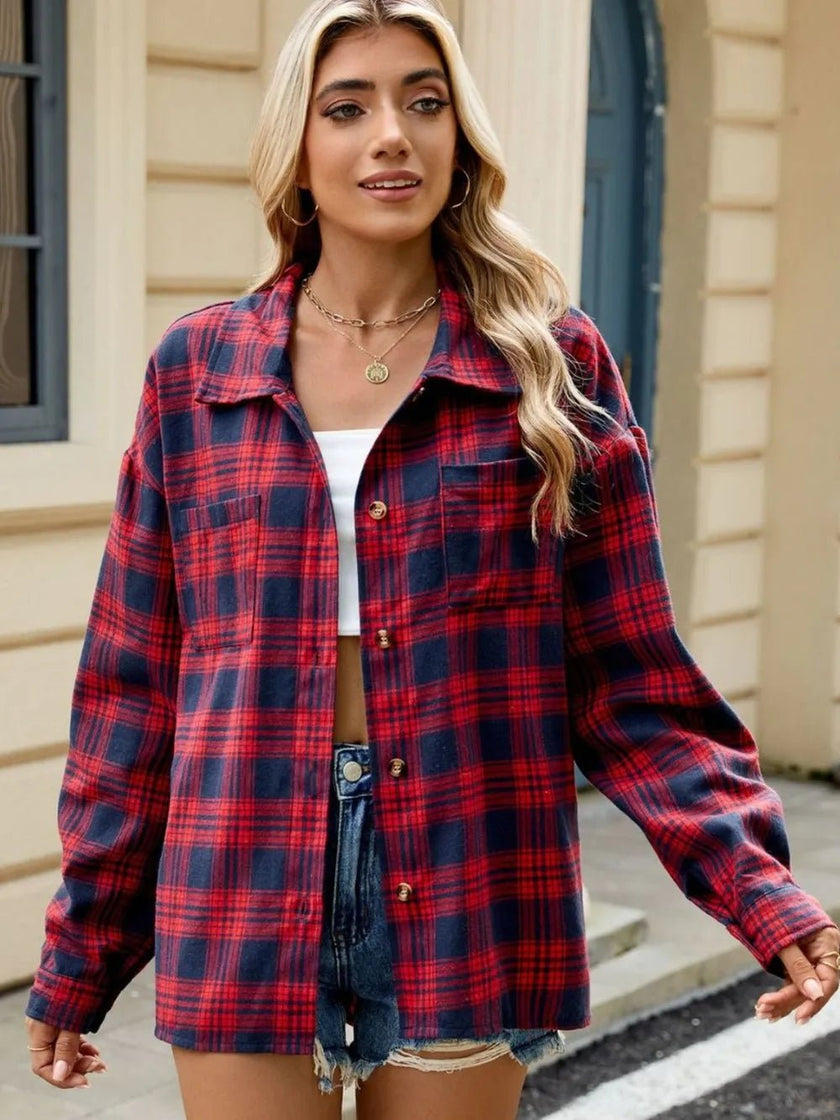 Plaid Collared Neck Long Sleeve Shirt - FLORENTINE IRIS