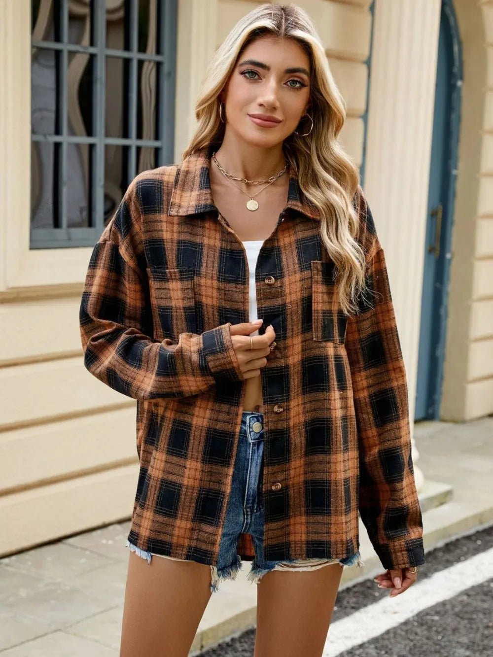 Plaid Collared Neck Long Sleeve Shirt - FLORENTINE IRIS