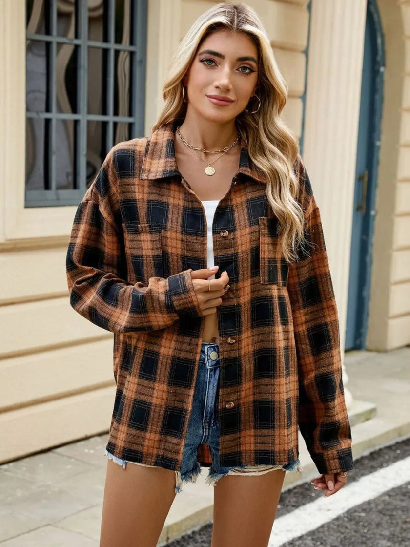 Plaid Collared Neck Long Sleeve Shirt - FLORENTINE IRIS