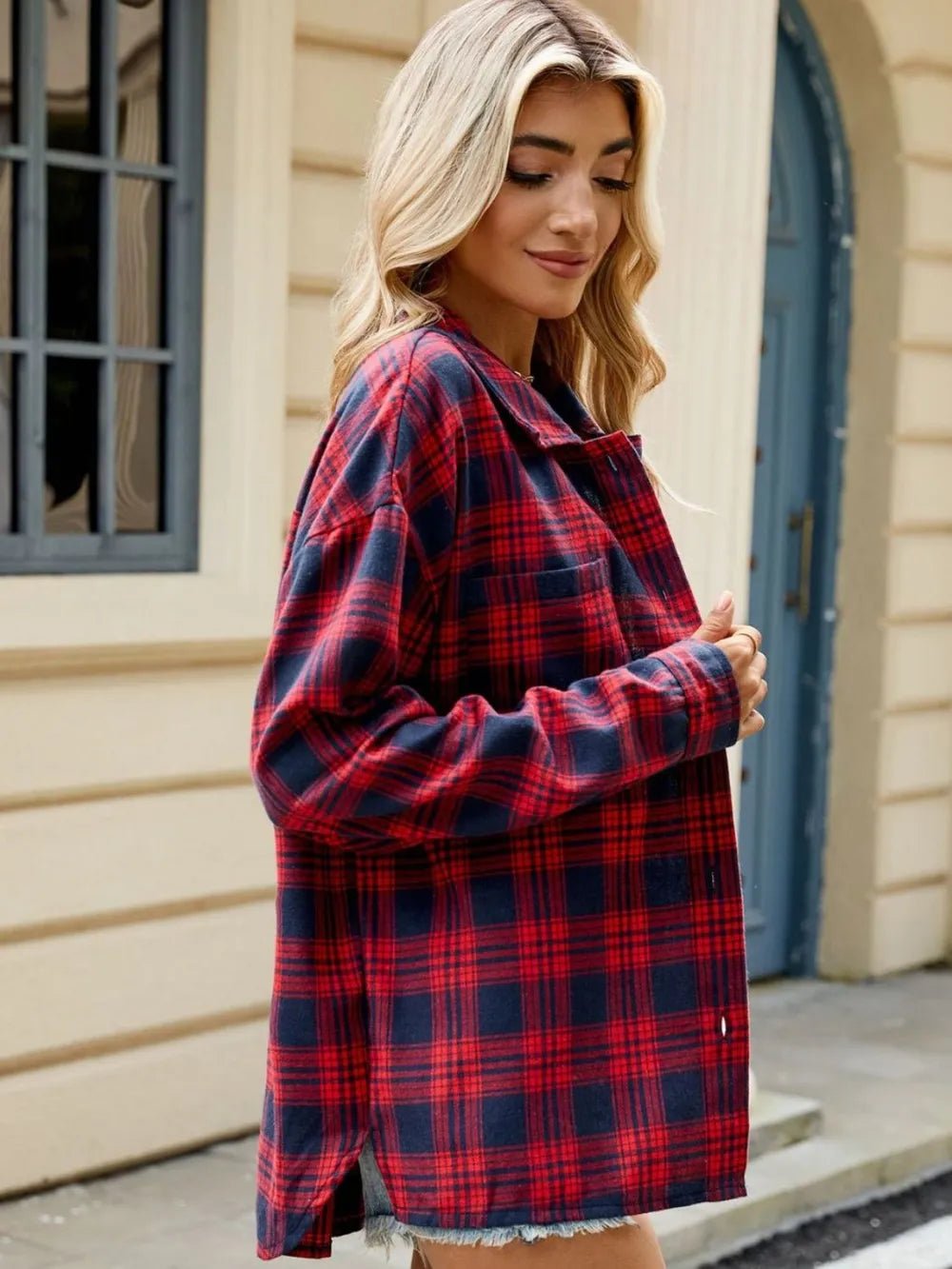 Plaid Collared Neck Long Sleeve Shirt - FLORENTINE IRIS