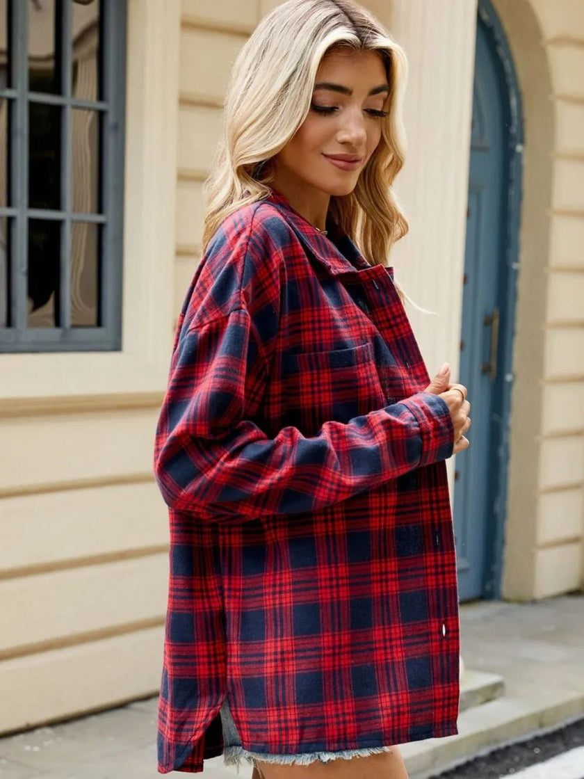 Plaid Collared Neck Long Sleeve Shirt - FLORENTINE IRIS