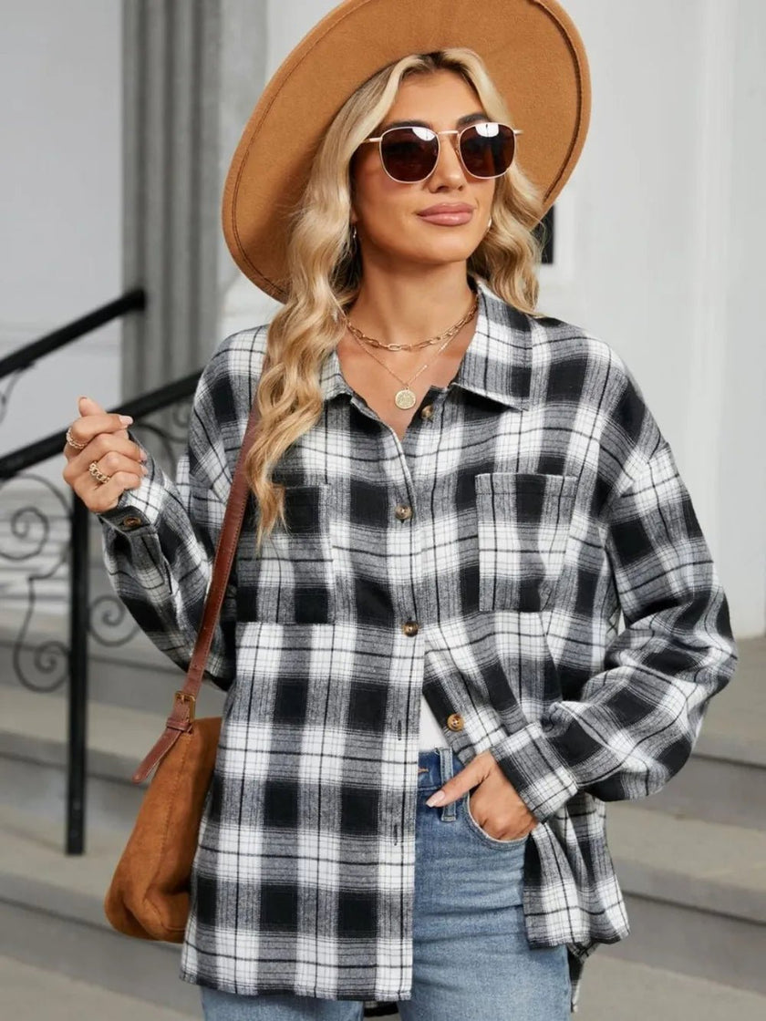 Plaid Collared Neck Long Sleeve Shirt - FLORENTINE IRIS