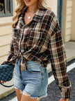 Plaid Collared Neck Long Sleeve Shirt - FLORENTINE IRIS