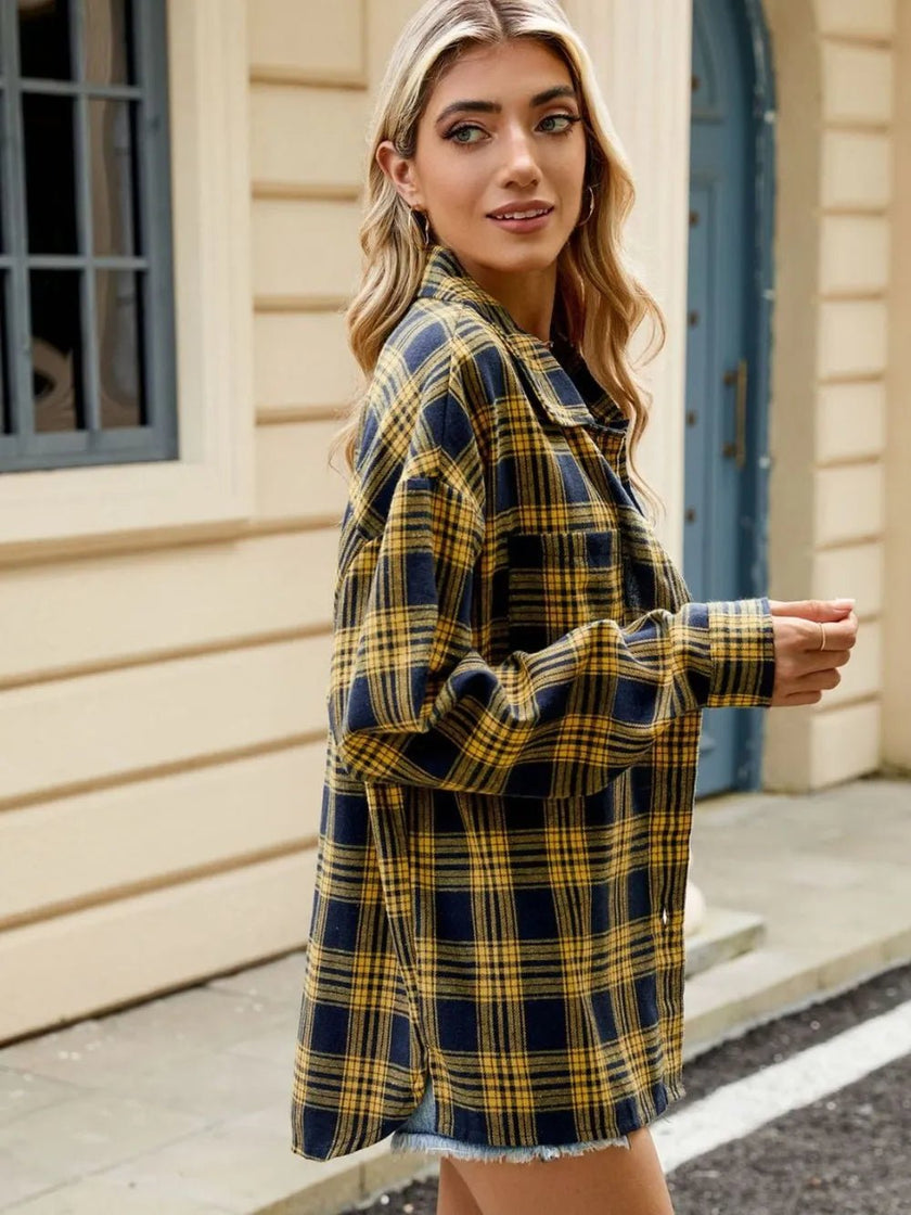 Plaid Collared Neck Long Sleeve Shirt - FLORENTINE IRIS