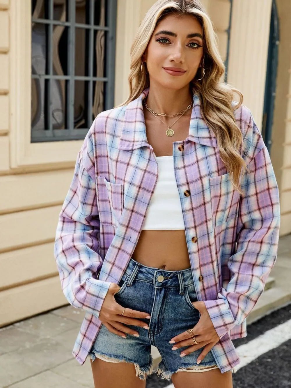 Plaid Collared Neck Long Sleeve Shirt - FLORENTINE IRIS