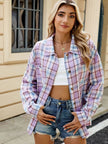Plaid Collared Neck Long Sleeve Shirt - FLORENTINE IRIS
