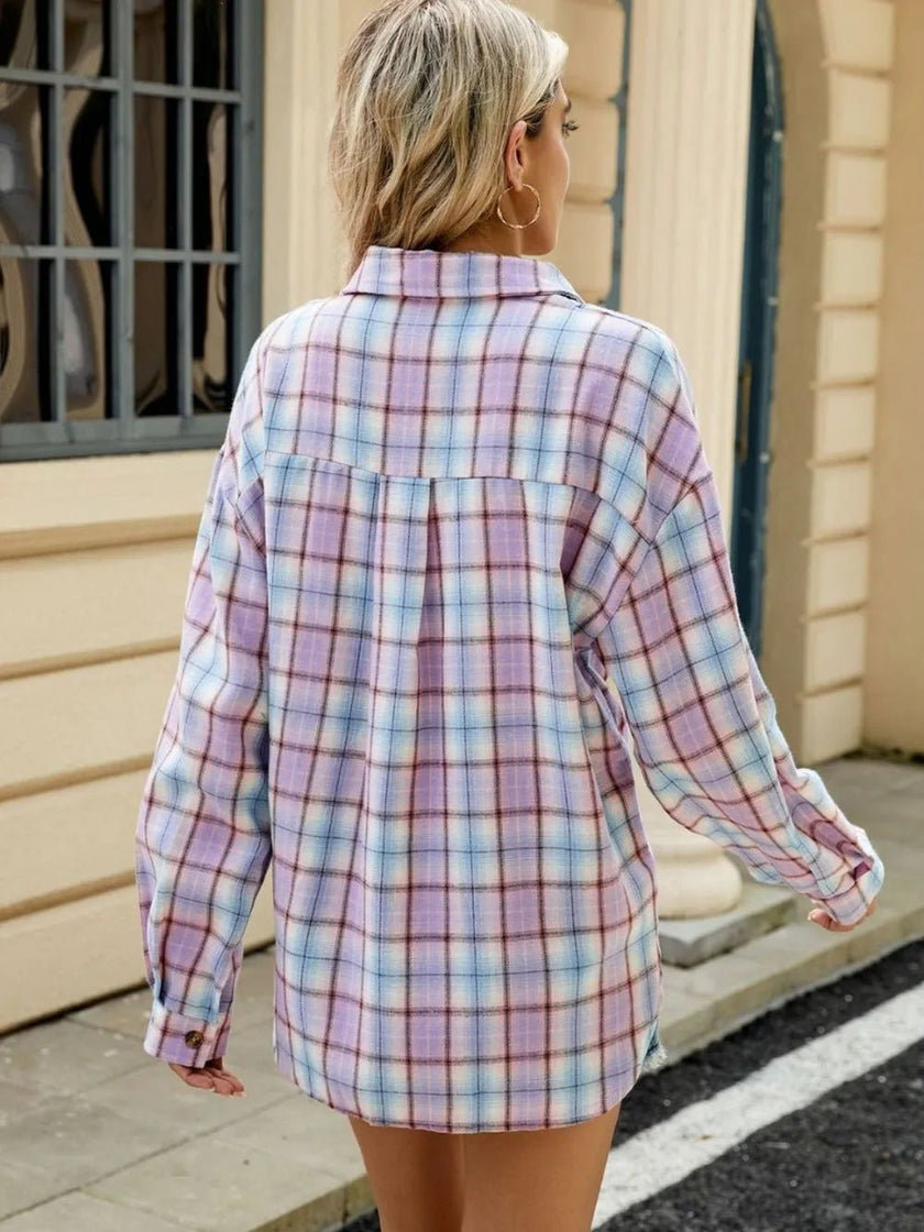 Plaid Collared Neck Long Sleeve Shirt - FLORENTINE IRIS