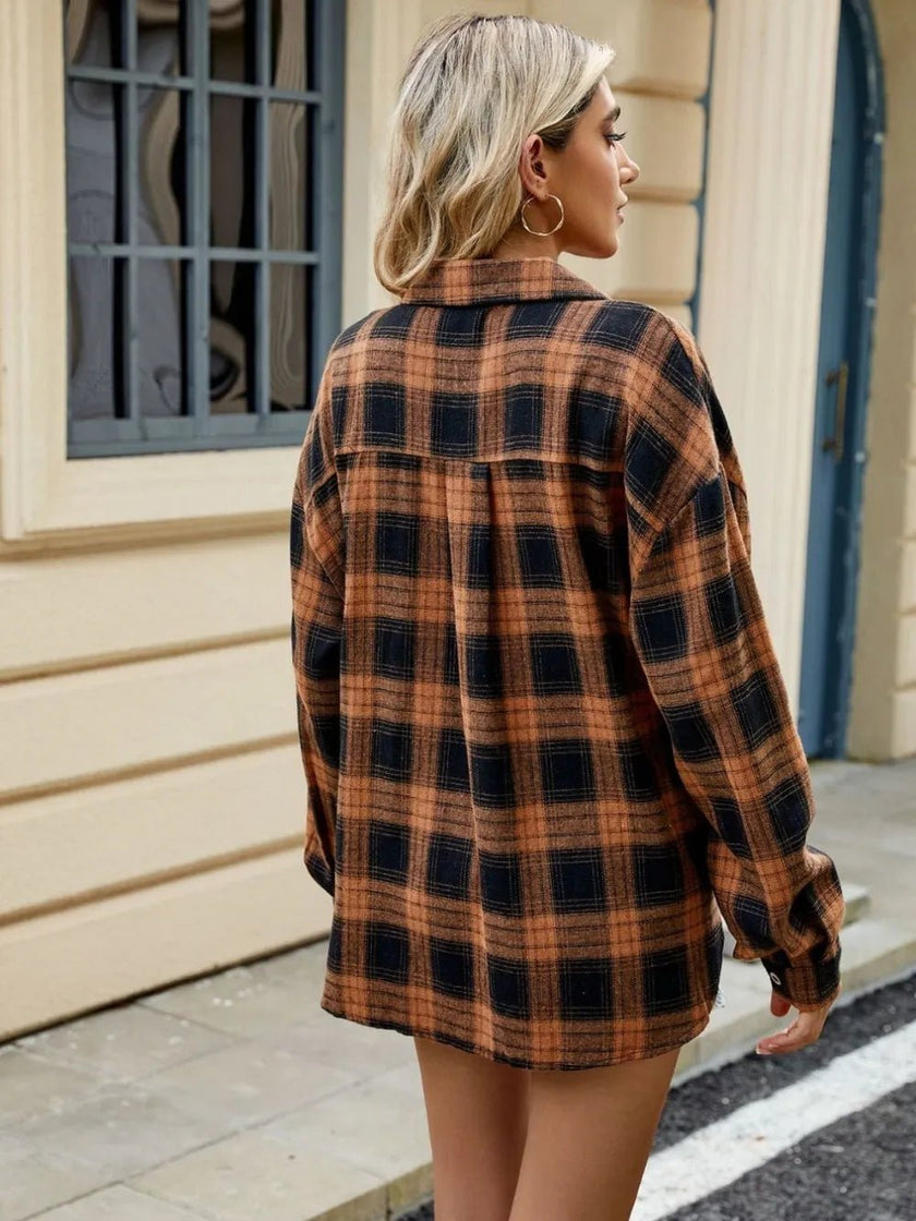 Plaid Collared Neck Long Sleeve Shirt - FLORENTINE IRIS