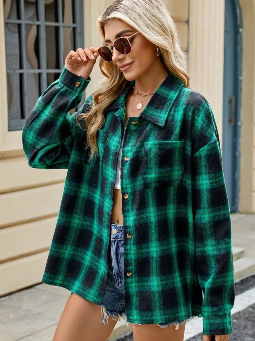 Plaid Collared Neck Long Sleeve Shirt - FLORENTINE IRIS