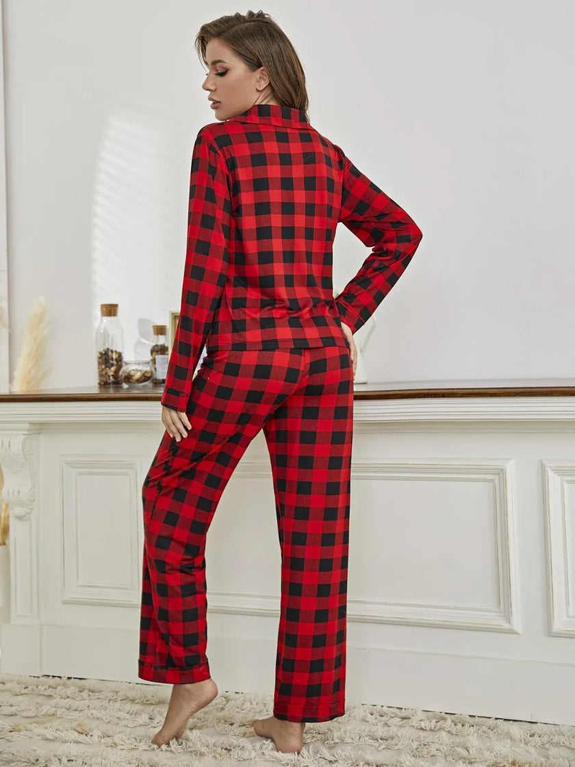 Plaid Collared Neck Long Sleeve Top and Pants Lounge Set - FLORENTINE IRIS