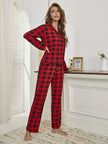 Plaid Collared Neck Long Sleeve Top and Pants Lounge Set - FLORENTINE IRIS