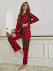 Plaid Collared Neck Long Sleeve Top and Pants Lounge Set - FLORENTINE IRIS