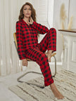 Plaid Collared Neck Long Sleeve Top and Pants Lounge Set - FLORENTINE IRIS