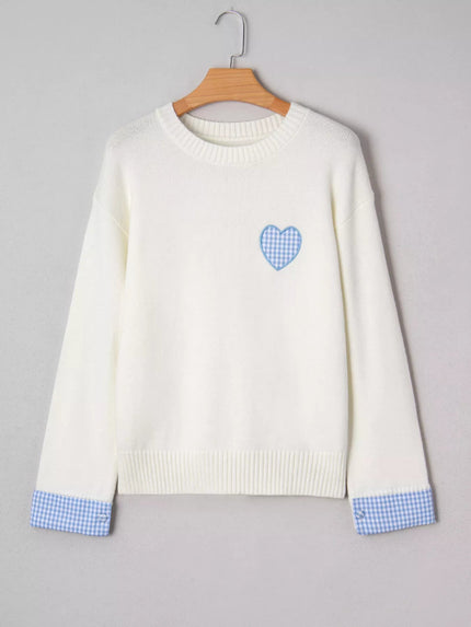Plaid Heart Embroidered Cuffed Drop Shoulder Crew Neck Sweater - FLORENTINE IRIS