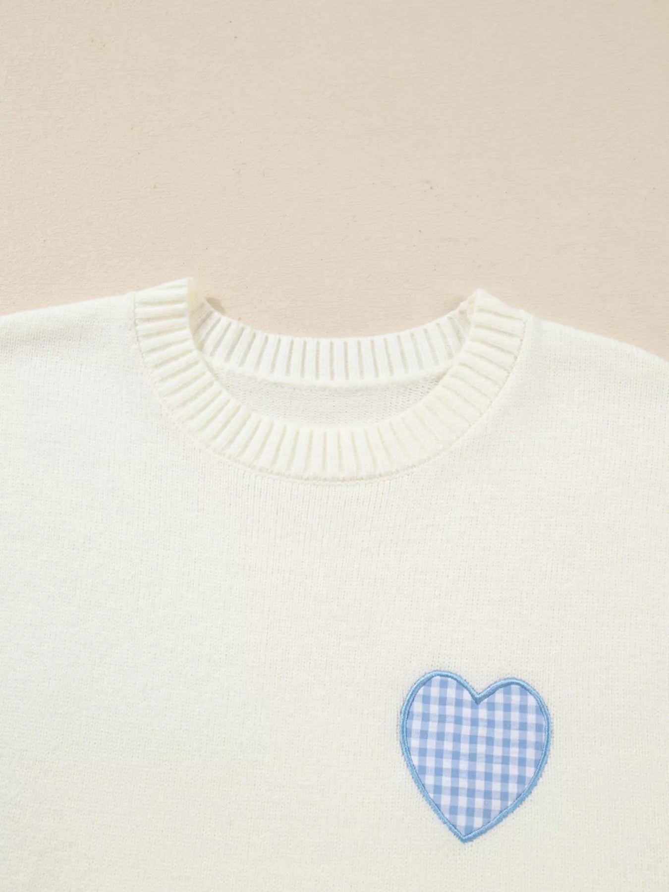 Plaid Heart Embroidered Cuffed Drop Shoulder Crew Neck Sweater - FLORENTINE IRIS