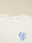 Plaid Heart Embroidered Cuffed Drop Shoulder Crew Neck Sweater - FLORENTINE IRIS