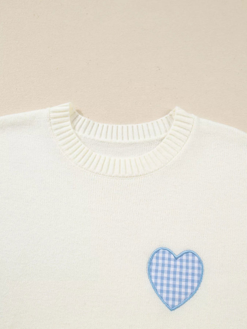 Plaid Heart Embroidered Cuffed Drop Shoulder Crew Neck Sweater - FLORENTINE IRIS