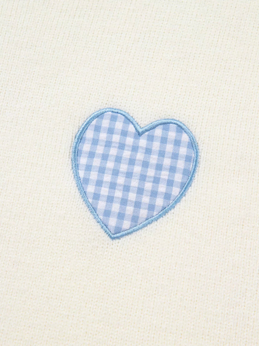 Plaid Heart Embroidered Cuffed Drop Shoulder Crew Neck Sweater - FLORENTINE IRIS
