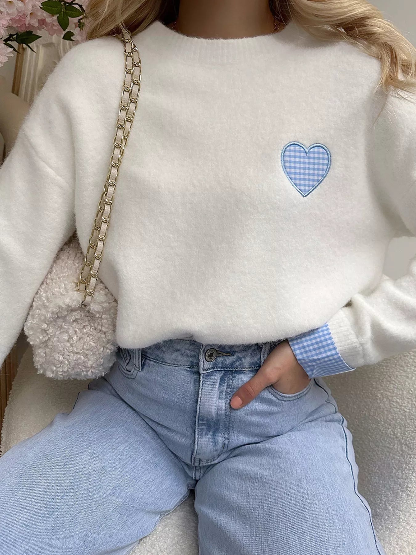 Plaid Heart Embroidered Cuffed Drop Shoulder Crew Neck Sweater - FLORENTINE IRIS