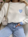 Plaid Heart Embroidered Cuffed Drop Shoulder Crew Neck Sweater - FLORENTINE IRIS