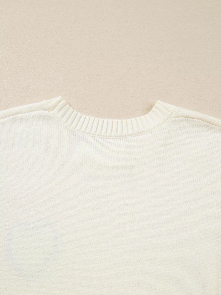 Plaid Heart Embroidered Cuffed Drop Shoulder Crew Neck Sweater - FLORENTINE IRIS