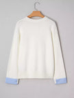 Plaid Heart Embroidered Cuffed Drop Shoulder Crew Neck Sweater - FLORENTINE IRIS