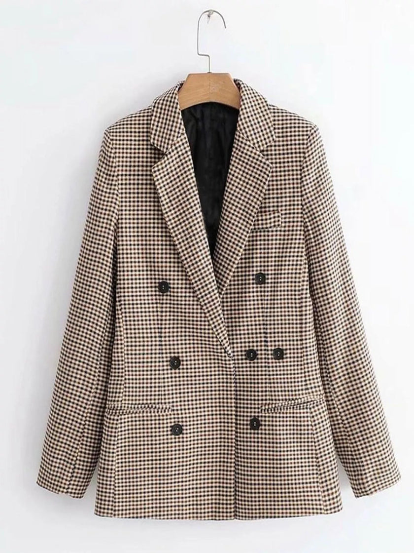 Plaid Lapel Collar Long Sleeve Blazer - FLORENTINE IRIS