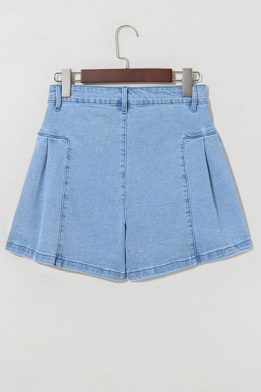 Pleated Patchwork Panel Lightweight Denim Shorts - FLORENTINE IRIS