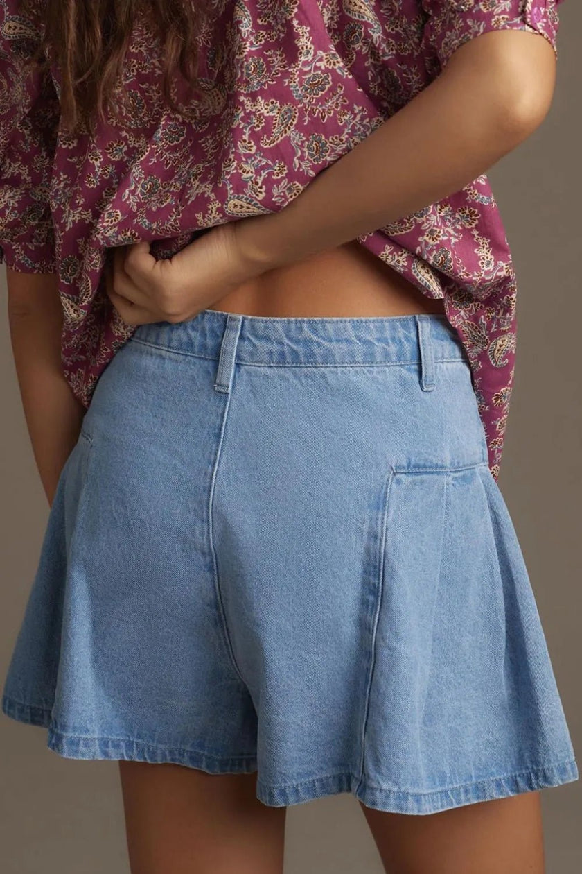 Pleated Patchwork Panel Lightweight Denim Shorts - FLORENTINE IRIS