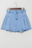 Pleated Patchwork Panel Lightweight Denim Shorts - FLORENTINE IRIS