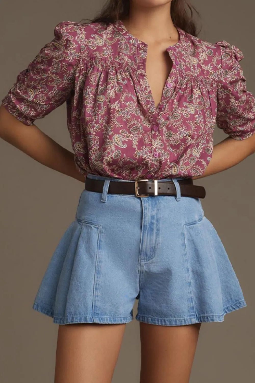 Pleated Patchwork Panel Lightweight Denim Shorts - FLORENTINE IRIS