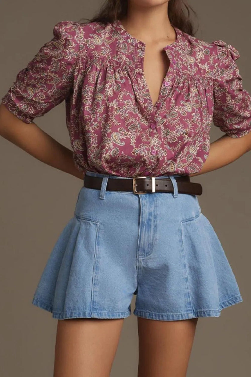 Pleated Patchwork Panel Lightweight Denim Shorts - FLORENTINE IRIS