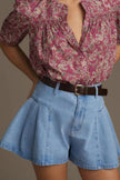 Pleated Patchwork Panel Lightweight Denim Shorts - FLORENTINE IRIS