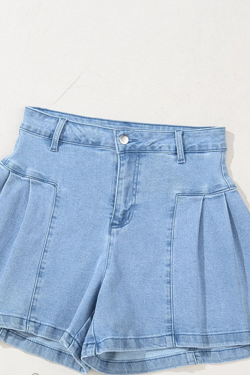 Pleated Patchwork Panel Lightweight Denim Shorts - FLORENTINE IRIS