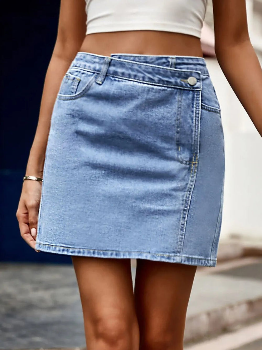 Pocketed High Waist Denim Skirt - FLORENTINE IRIS