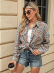 Pocketed Plaid Collared Neck Long Sleeve Shirt - FLORENTINE IRIS